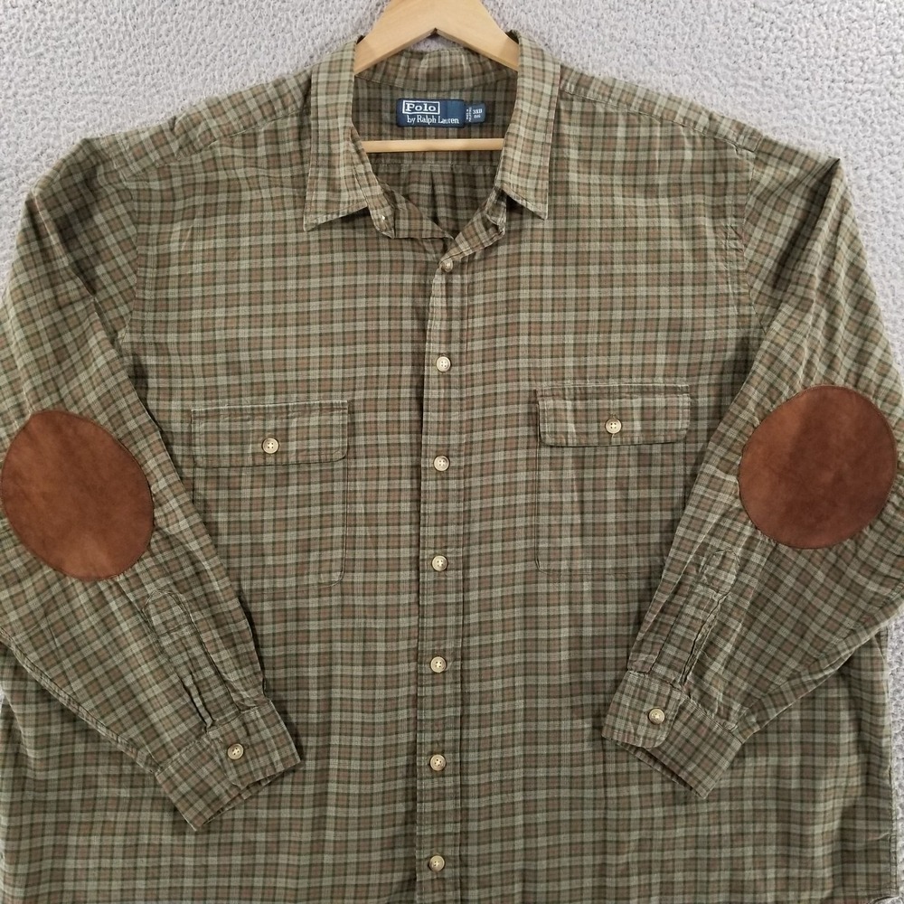 Polo Ralph Lauren Shirt Mens Big 3X Green Plaid Elbow Patch Long Sleeve Cotton